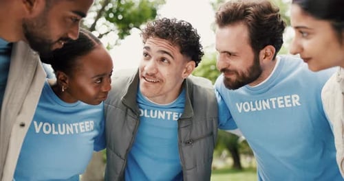 Volunteer, people and hug in park with talk for eco project, outreach program or nonprofit service