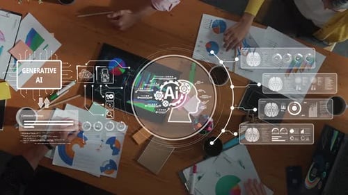 Reunião colaborativa sobre tecnologia de IA generativa com uma equipe diversificada analisando dados e ideias no Inno