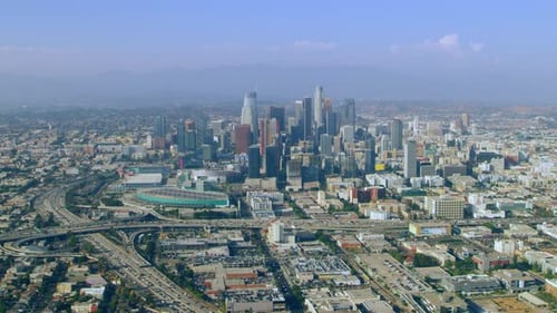 Aerial View Of Downtown La On A Sunny Day In Los Angeles, California. Shot On 4k Red Camera.