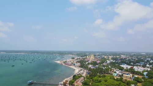 Aerial drone shot of Rameshwaram city, featuring the majestic Rameshwaram temple at its heart.