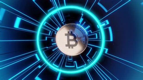 Futuristic Bitcoin Coin Spinning in Digital Tunnel Animation