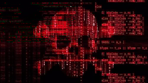 Animated Red Digital Skull with Glitching Code
