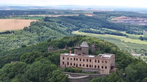 Historic Helfstyn Castle on hill, and countryside of Moravia region, Czech Republic. Drone panorama