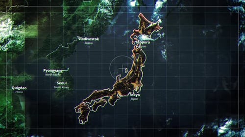 Futuristic Glitch Digital Map of Japan and Surrounding Areas