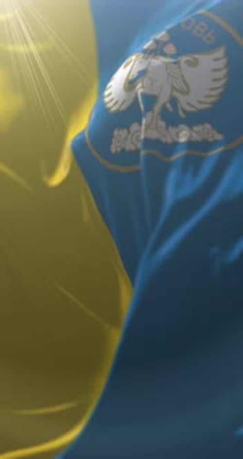 Waving Vertical Flag with Emblem and Sunlight