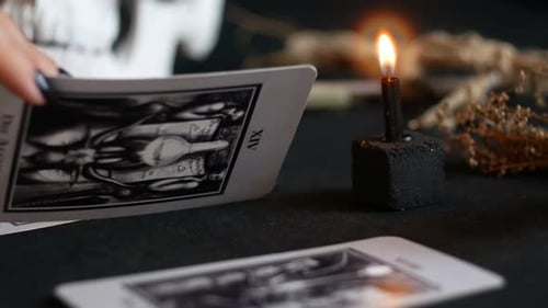 Hand Turns Over Tarot Cards with Skull and Candle