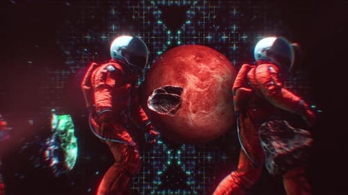 Futuristic Astronauts Walking in Glitch Space Scene