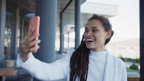 Close Up Smiling Woman Using Mobile Phone for Video Call Online Feel Happy Video Chat Stand Outdoors