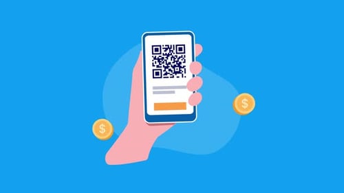 Animated Hand with Smartphone Showing QR Code and Credit Card Payment