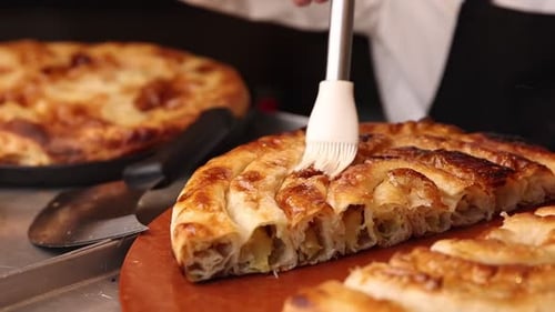 Delicious burek in a Balkan café. A typical Balkan dish. Close-up