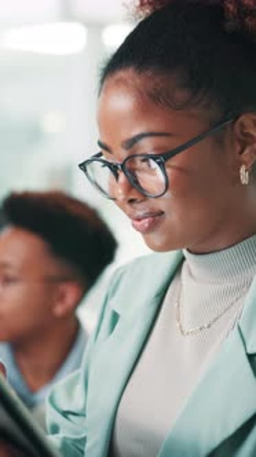 Programming, employee and woman with glasses, tablet and coder with stylus for debugging or website
