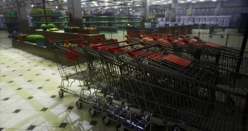 Shopping Carts Lined Up in an Empty Grocery Store During Closing Hours