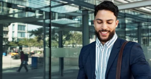Businessman, walking and watch outdoor in city for commute, travel or checking schedule and time