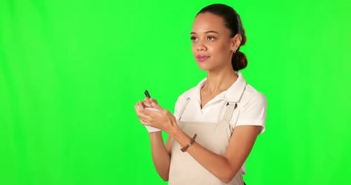 Green screen order, notepad writing or happy woman, barista or waiter smile for cafeteria service