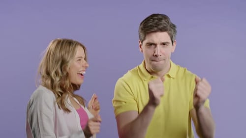 Positive American Couple Dancing Violet Backgroundfavorite Music Dance Party