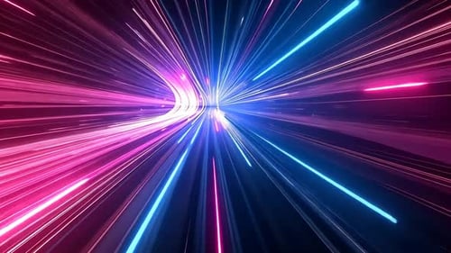 Vibrant, neon light rays explode outward, creating a dynamic, futuristic tunnel effect