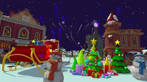 Festive Christmas Village Animation with Santa's Sleigh and Fireworks