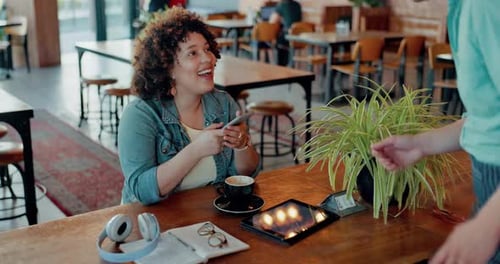 Freelance woman, phone or waiter in coffee shop, cafe or restaurant on social media