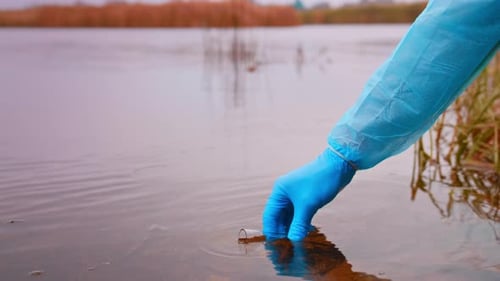 Side View Gloved Hand Into Water Collecting Tube Scientist Collects Materials In Order To Assess