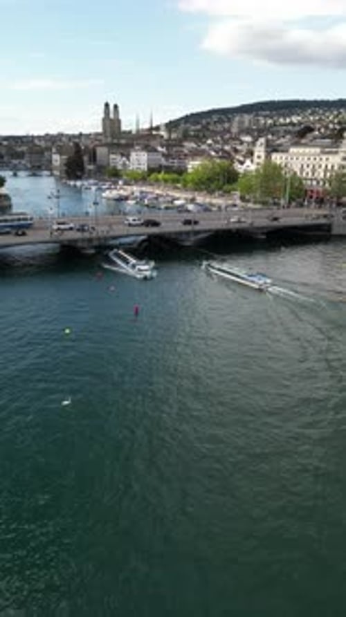 Aerial cityscape flythrough video of Zurich and River Limmat, Switzerland