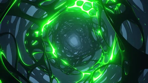 Sci-fi bright green glowing neon organic tunnel seamless loop 3d animation.