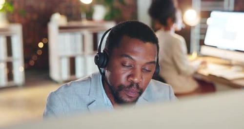 Call center, black man and talking on computer for support, customer service help