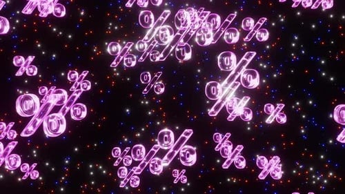 Glowing Purple Percentage Symbols on Sparkling Neon Background