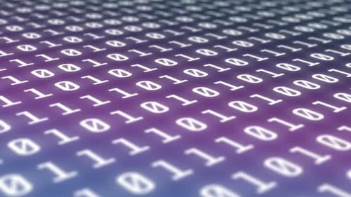 Digital animation of binary coding data processing against purple and blue gradient background