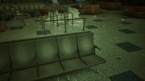 Abandoned Airport Terminal with Empty Seating and Scattered Debris in Disrepair