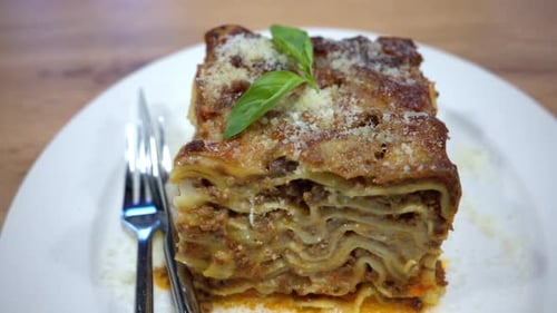 Italian lasagna bolognese with beef sauce close up
