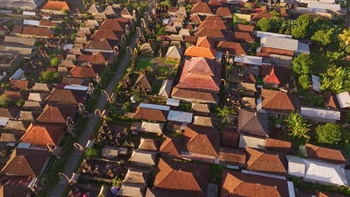 Aerial view of traditional wooden houses in Penglipuran village, Bali.