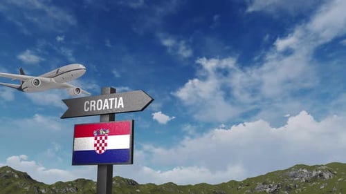 Croatia Travel Signpost with Airplane Flyover Animation