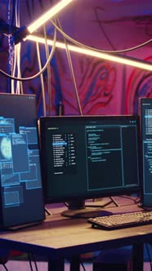 Computers Displaying Source Code in Urban Setting at Night