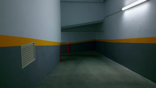 Empty Underground Concrete Hallway with Yellow Stripes