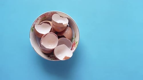 Eierschalen in einer weißen Farbschale auf dem Tisch