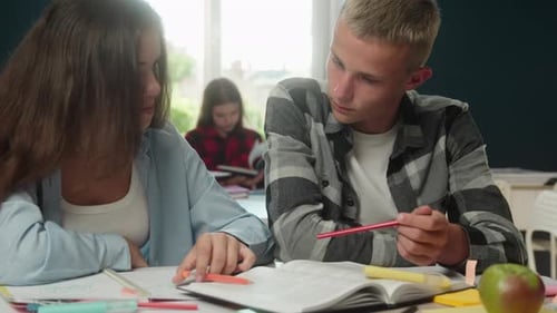 Freundliches kaukasisches Teenager-Mädchen, das mit einem Jungen spricht, der am Schreibtisch in der Klasse studiert, Schülerinnen