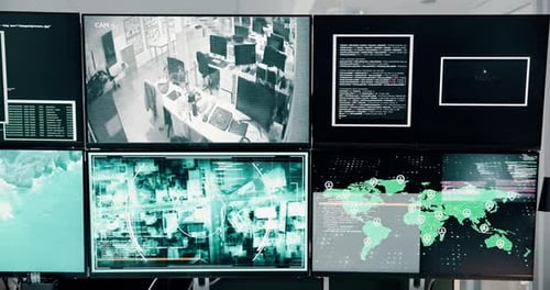 CCTV, screen and surveillance with tracking equipment in control room for investigation or security