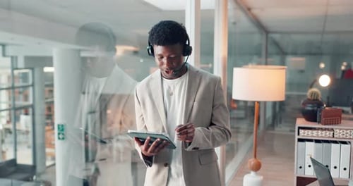 Business, black man and talk with tablet at call centre for customer service, client advice and crm