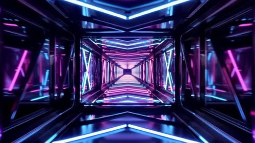 Abstract 3D Render of Glowing Neon Futuristic Space Tunnel