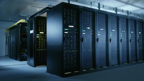 Arc Shot of Data Center With Multiple Rows of Fully Operational Server Racks. Modern Telecommunicat