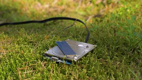 Flies fly around old overused and discarded hdd and m.2 nvme chip on the moss in the forest