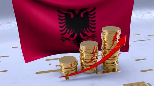 Albania Flag With Gold Coins Tower And Up Arrow