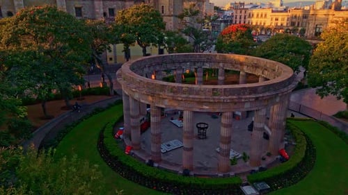Guadalajara downtown plaza and cathedral aerial golden hour