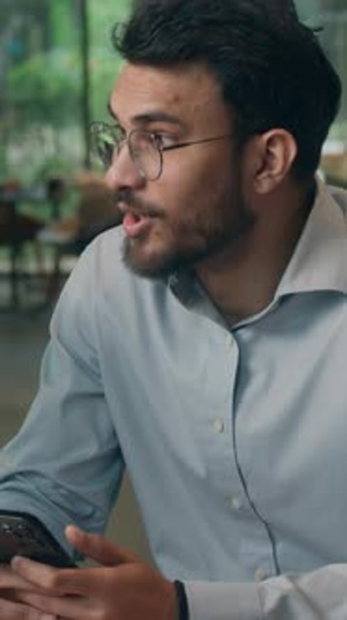 Arabian Businessman Indian Business Man Using Mobile Phone Waiter Giving Croissant Coffee Drink in