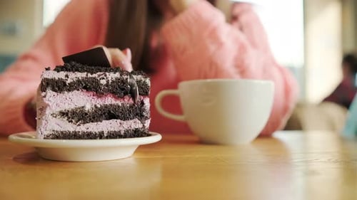 Chocolate Cake with Pink Cream Dessert Close Up