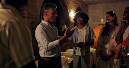 Small Group of People Tasting Wine in Cellar