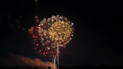 Grande foto de fogos de artifício no céu noturno, adequada para celebrações de 4 de julho ou Ano Novo. Câmera lenta