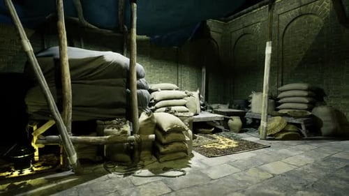 Sacs à grains empilés sous un éclairage doré doux et des supports rustiques