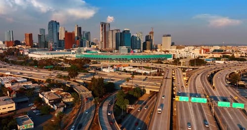 Lively traffic on the highways and freeways of Los Angeles, California, the USA.