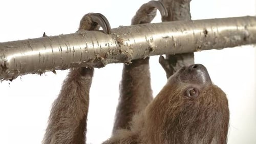Sloth hanging and eating food on white background